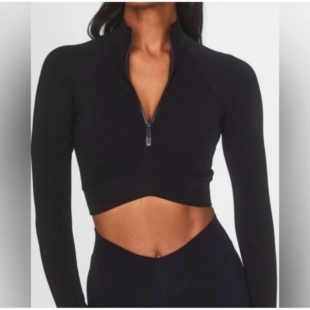 Joja Exhale Long Sleeve Zipper Front Activewear Crop Top Sz Medium Womens Black